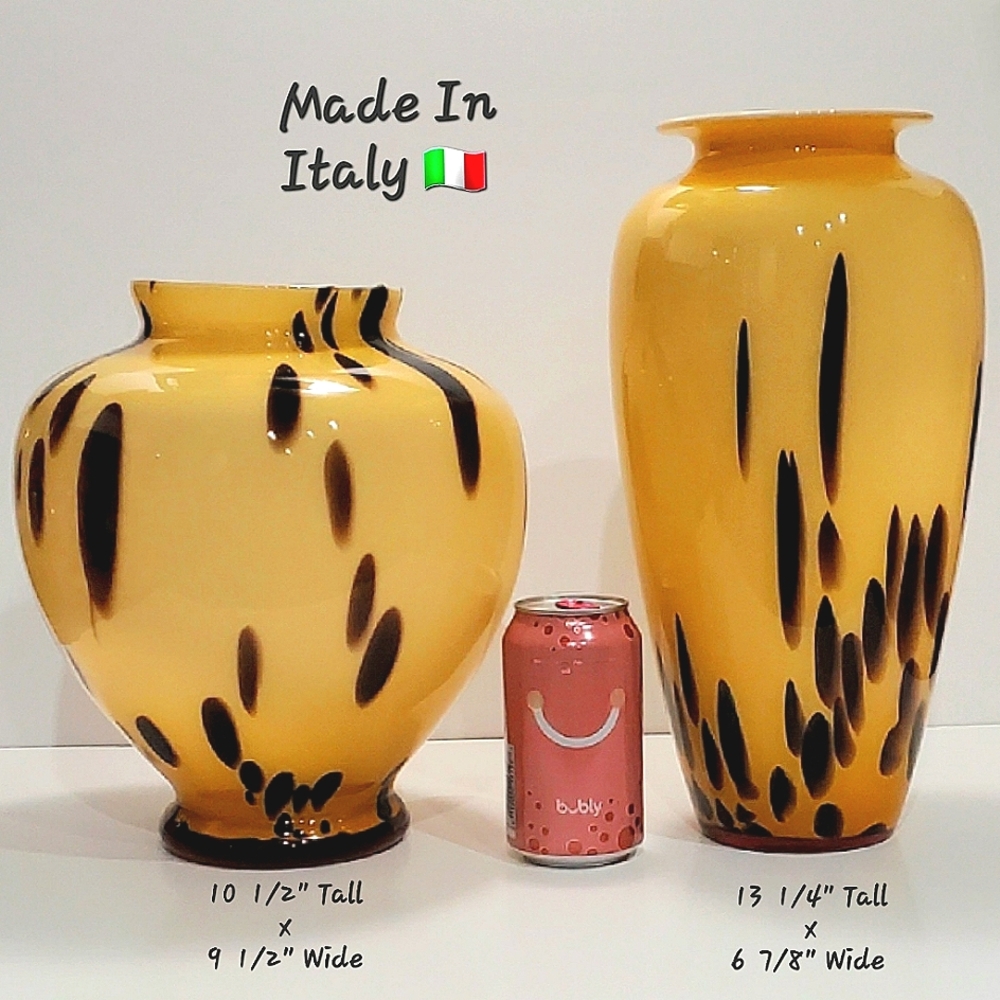(2 pc) Vntg Italian Blown Glass 13" & 10.5" Vases Yellow Amber Brown Black